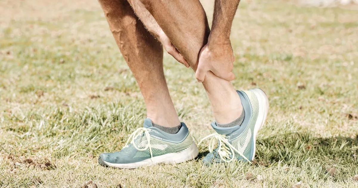 Young athlete holding his calf in pain on grass, a typical presentation of popliteal artery entrapment syndrome