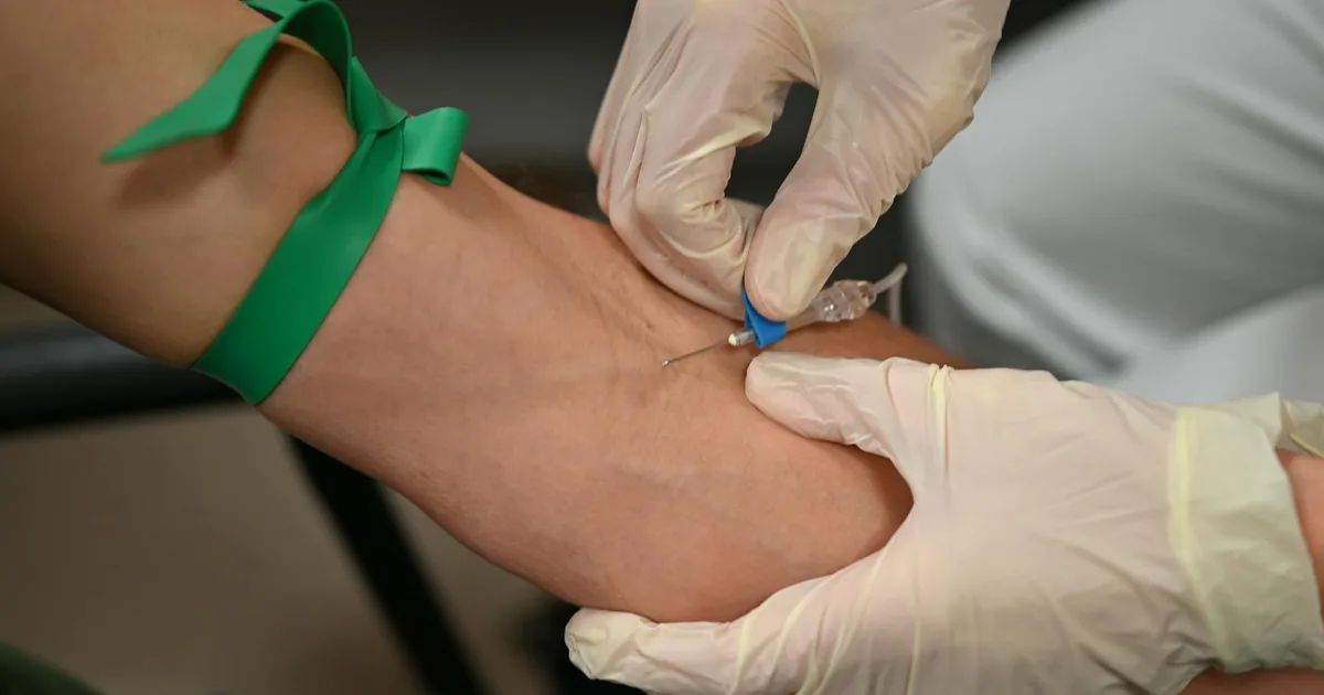 Close-up of a healthcare professional drawing blood using a syringe and gloves.